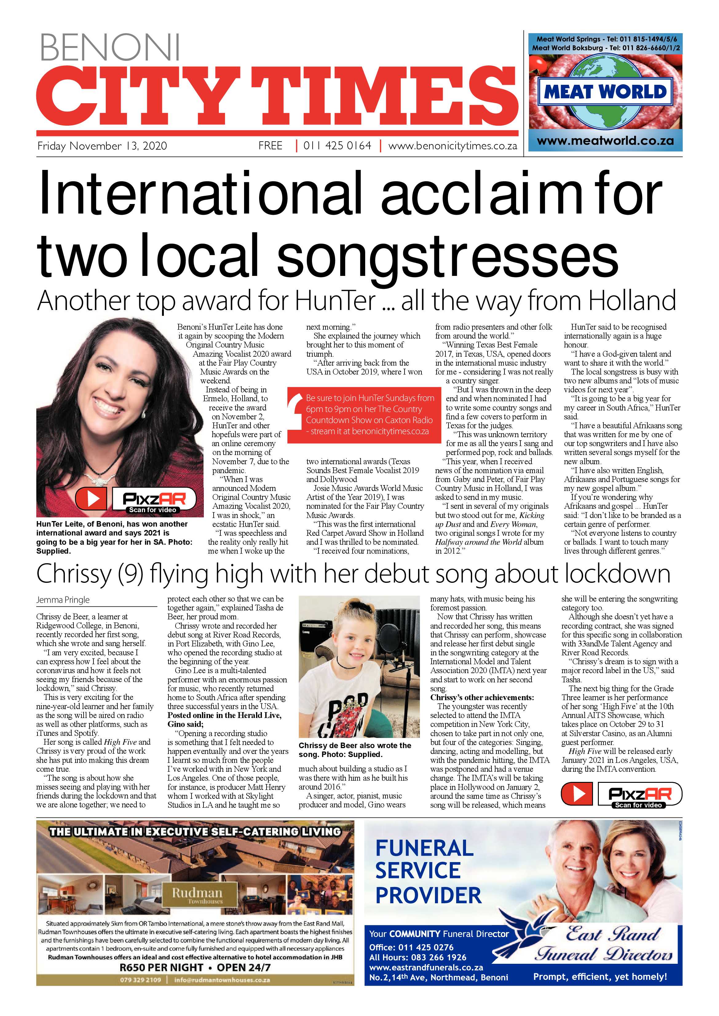 Benoni City Times 12 November 2020 page 1