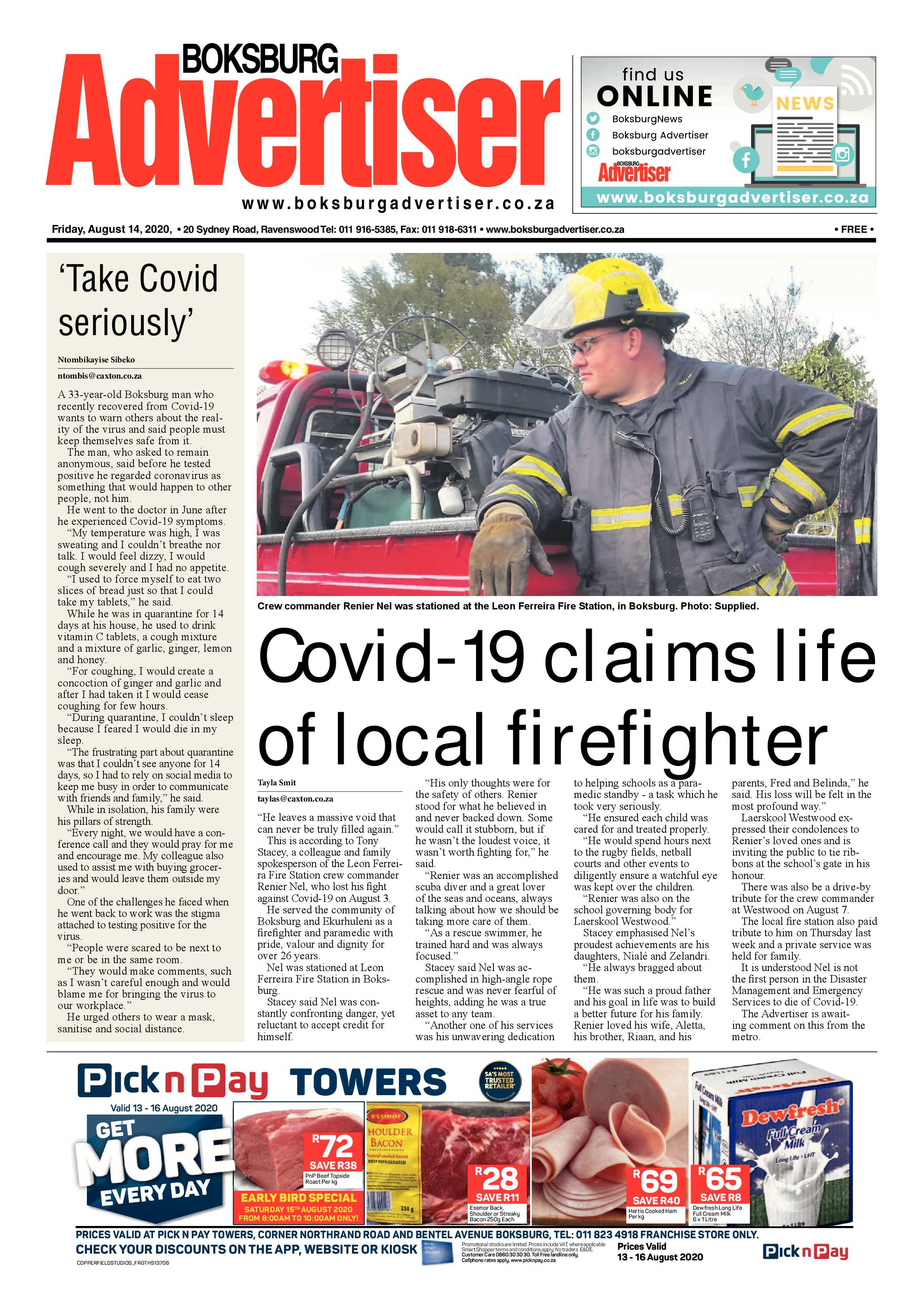 Boksburg Advertiser 11 August 2020 page 1