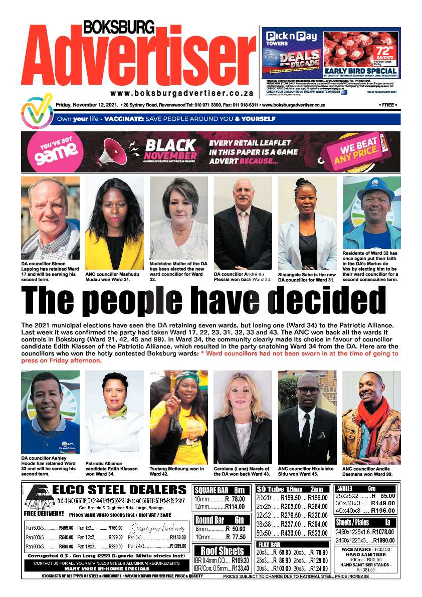 Boksburg Advertiser 12 November 2021 page 1