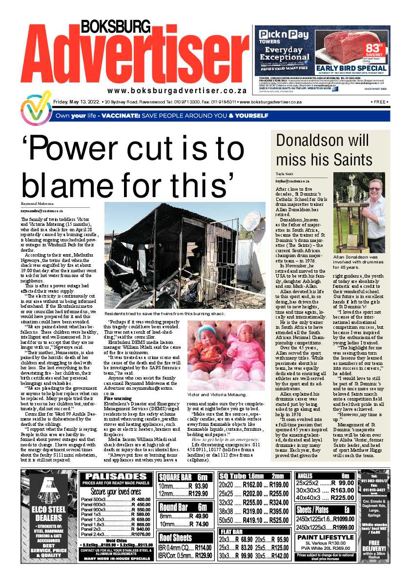 Boksburg Advertiser 13 May 2022 page 1