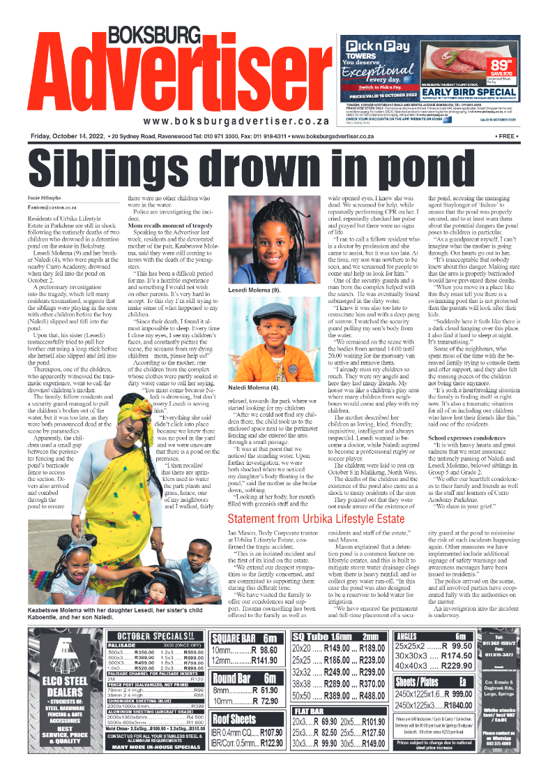 Boksburg Advertiser 14 October 2022 page 1