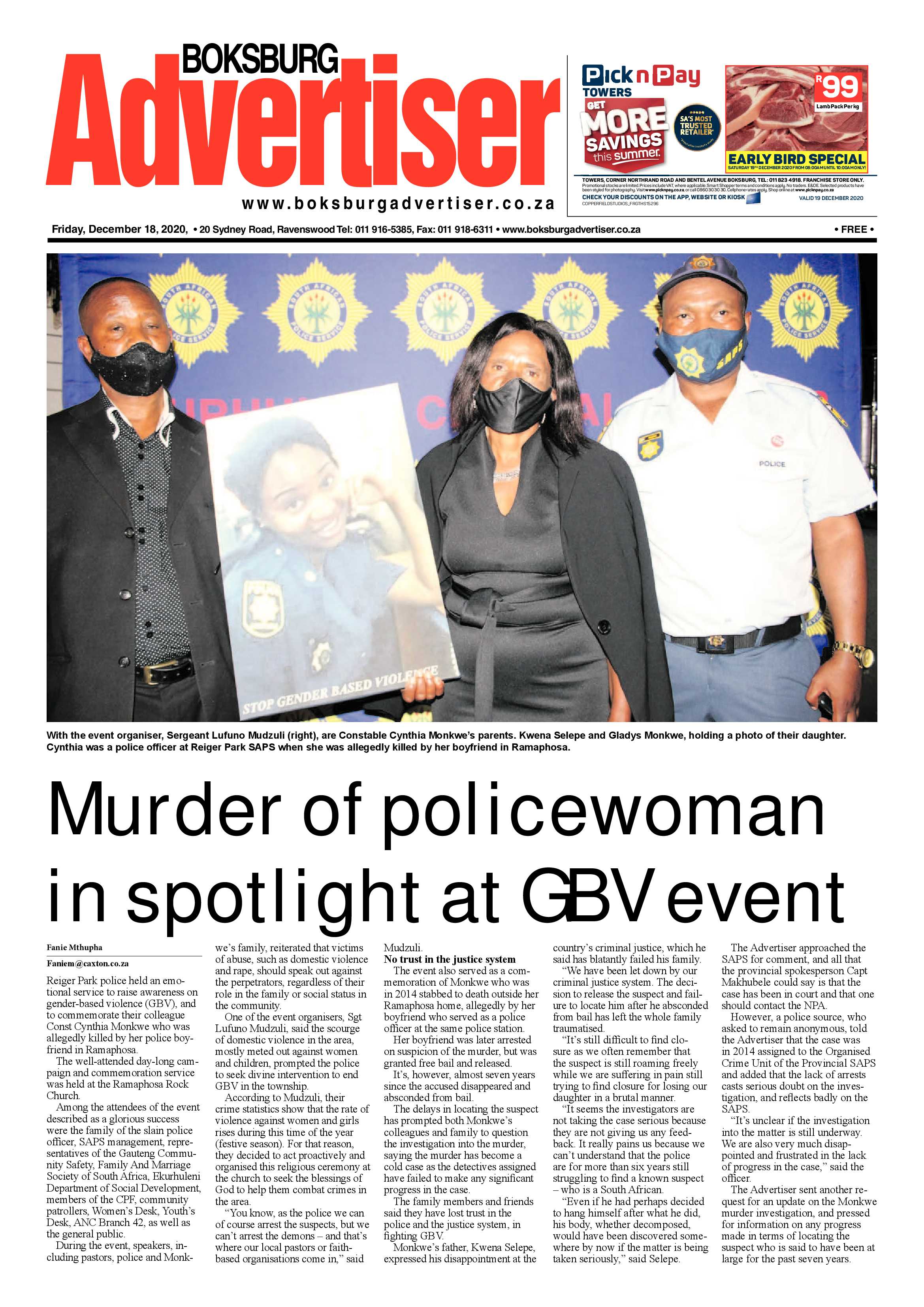 Boksburg Advertiser 15 December  2020 page 1