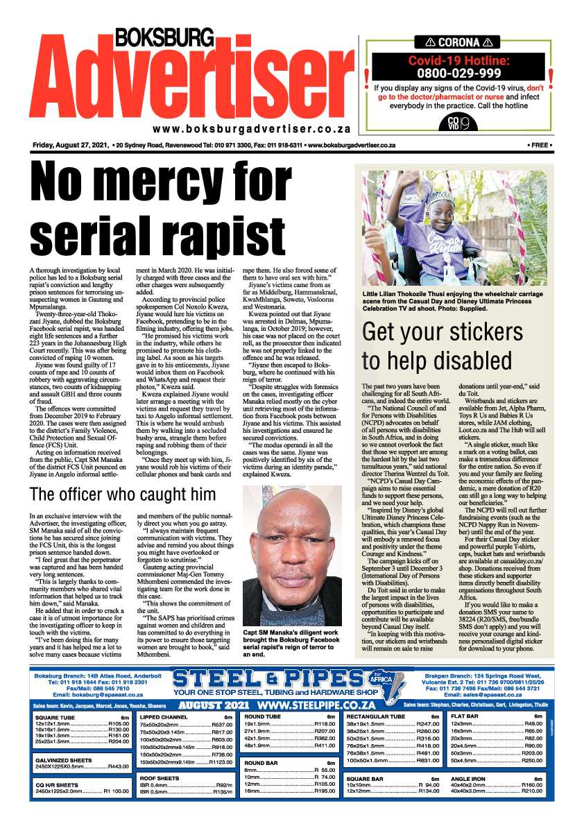 Boksburg Advertiser 27 August 2021 page 1