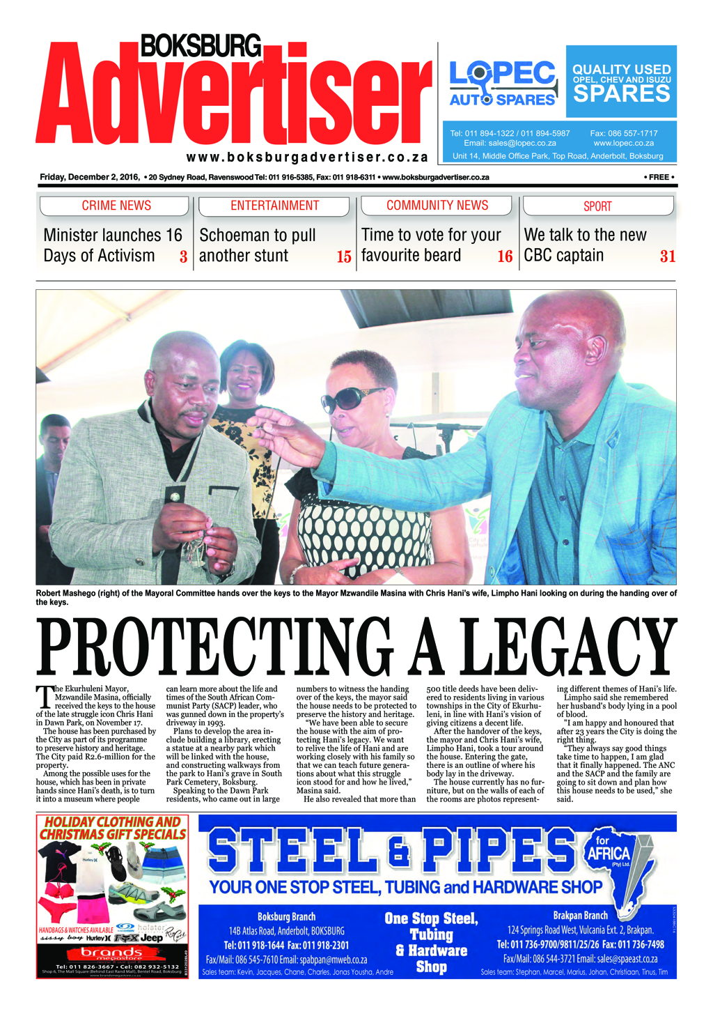 Boksburg Advertiser 29 November 2016 page 1