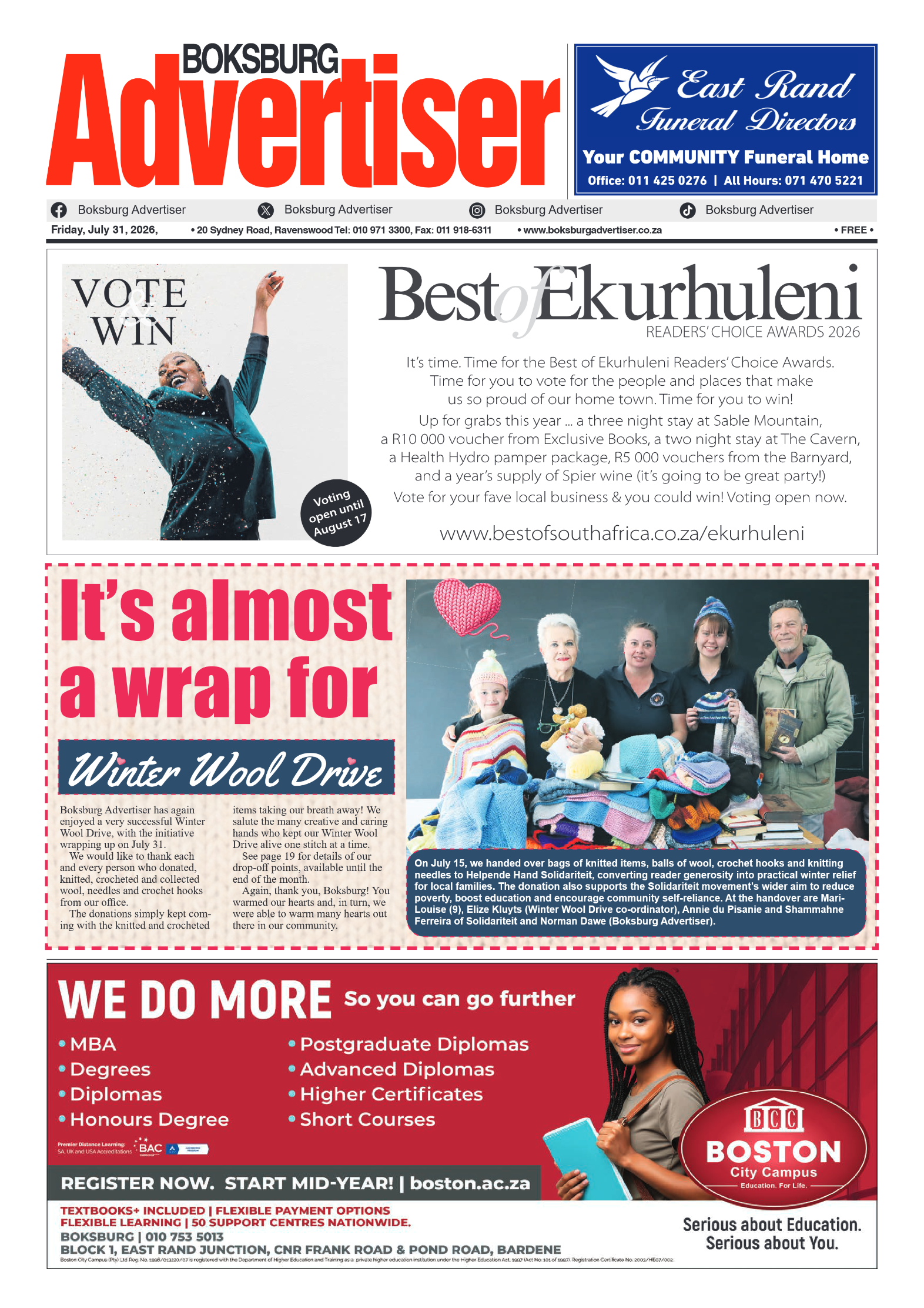 Boksburg Advertiser 31 July 2026 page 1