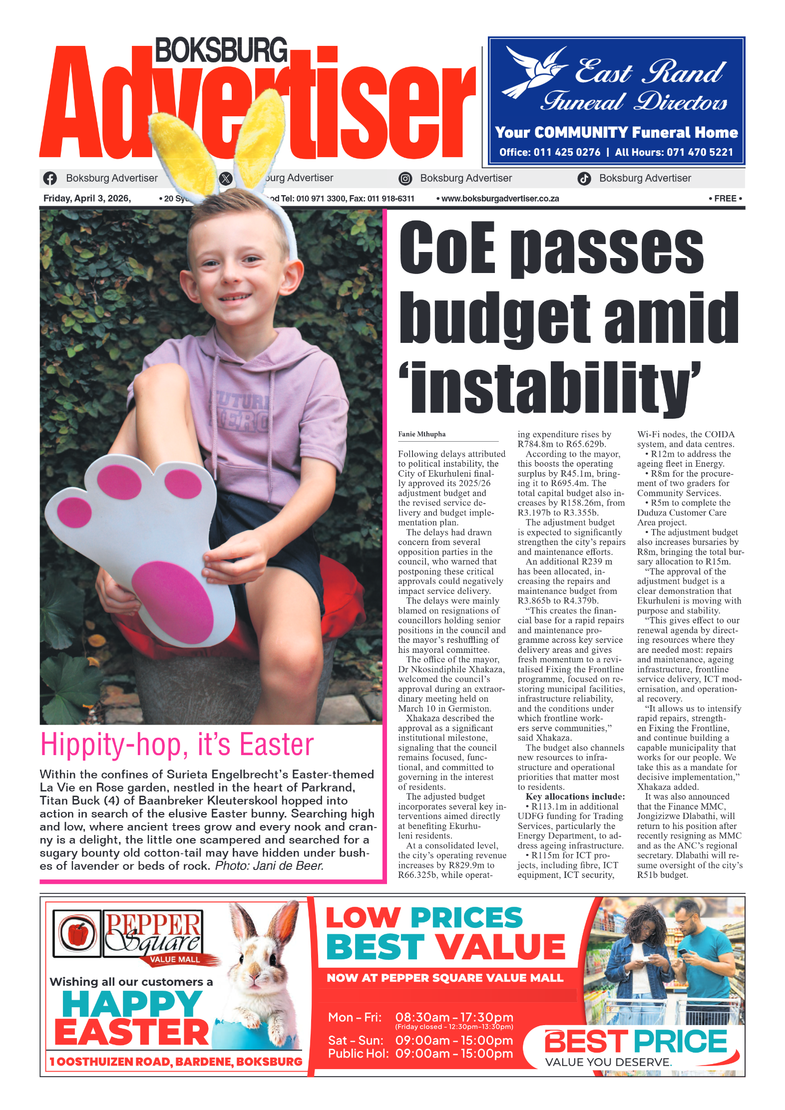 Boksburg Advertiser 3 April 2026 page 1