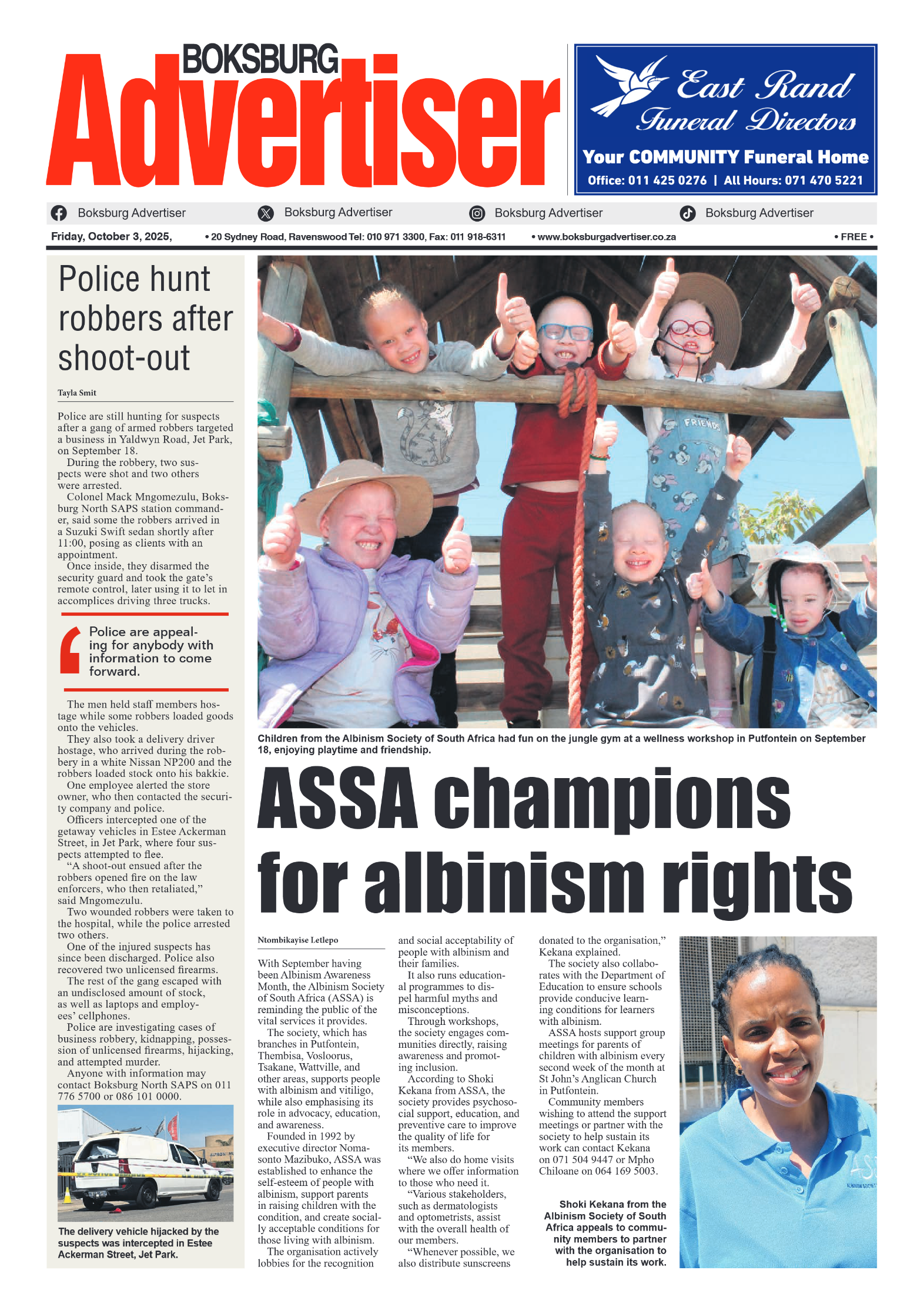 Boksburg Advertiser 3 October 2025 page 1